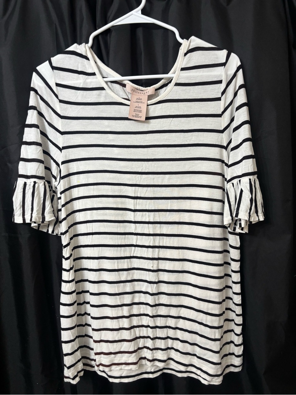 Philosophy White and Black Striped Short Sleeve Ruffle Top